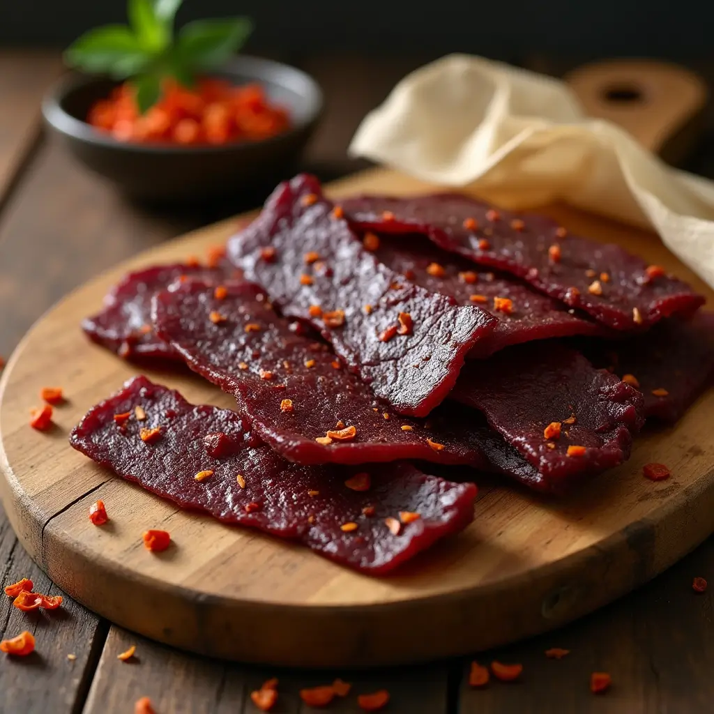 Close-up of finished homemade beef jerky on a wooden board under natural light.