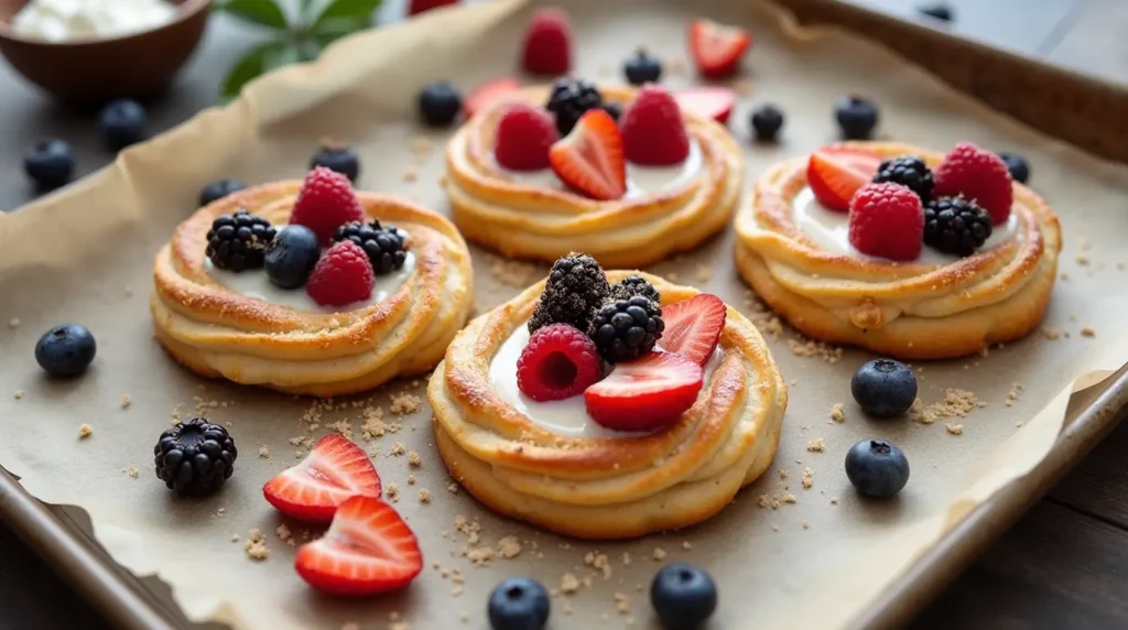 Easy Cream Cheese Puff Pastries with Berries and Glaze on a Baking Tray.