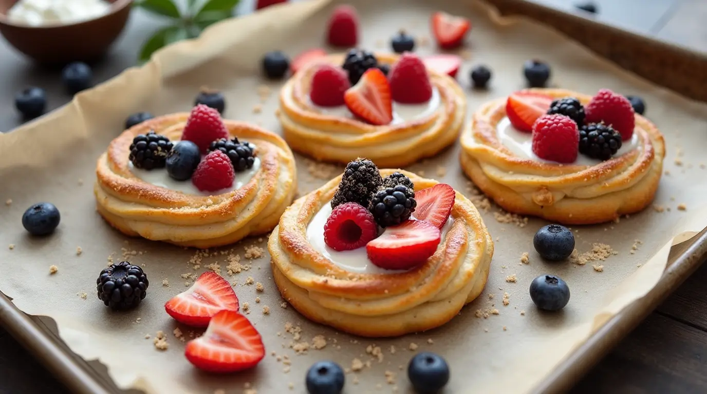 Easy Cream Cheese Puff Pastries with Berries and Glaze on a Baking Tray.