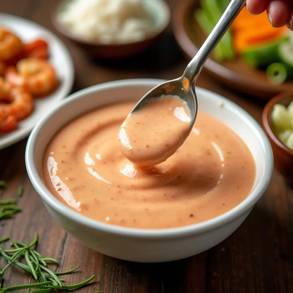 Stirring homemade Yum Yum Sauce served with grilled shrimp and rice.