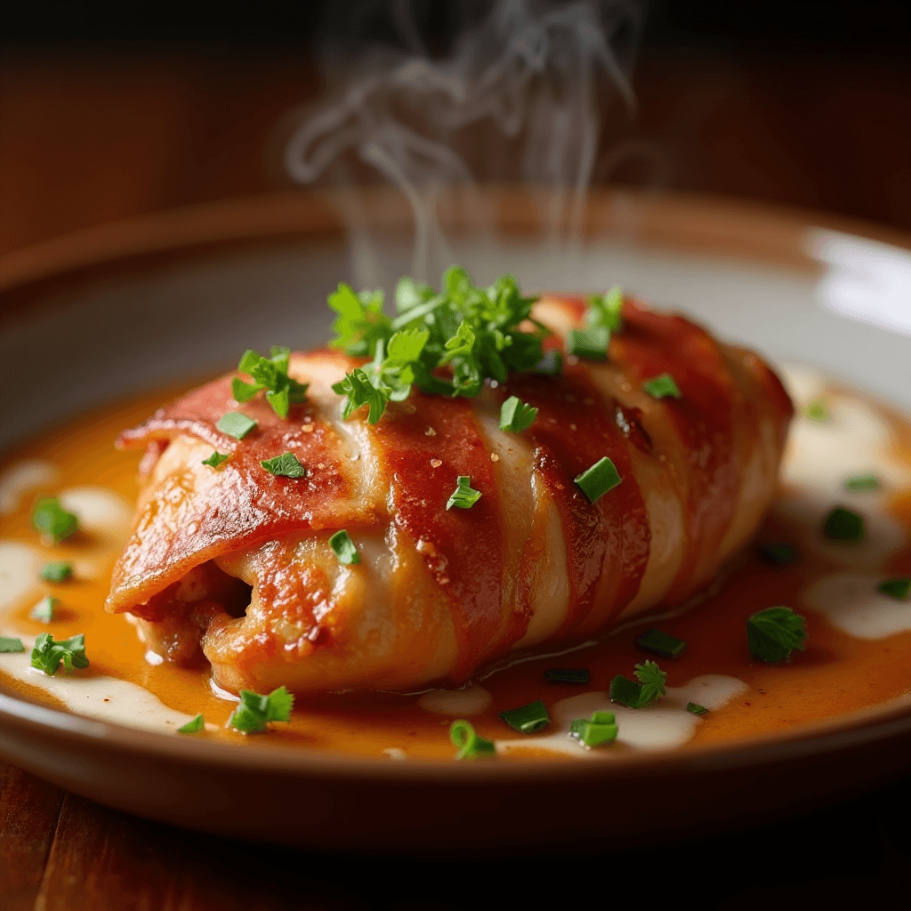 Close-up of bacon-wrapped chicken garnished with fresh parsley, steaming hot on a plate.