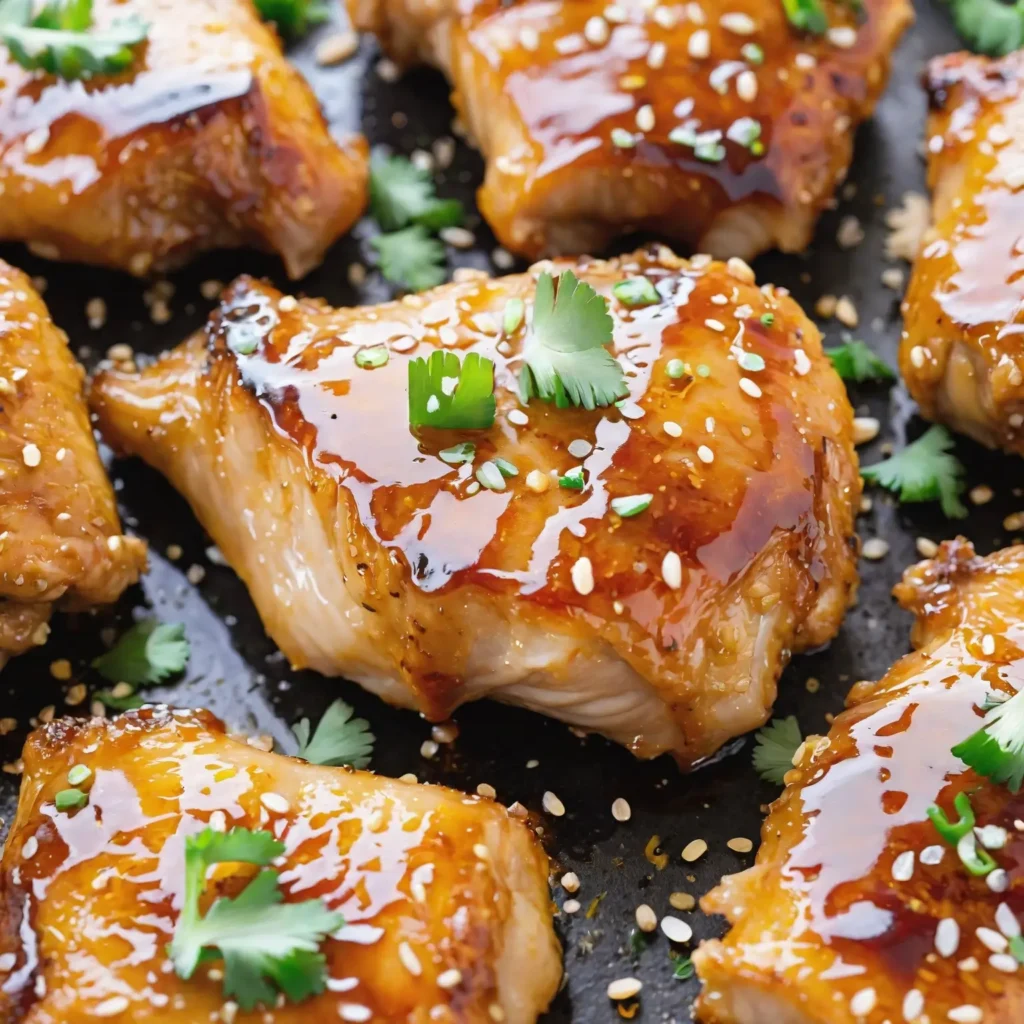 Crispy honey garlic chicken thighs with golden skin, glazed and garnished with green onions and sesame seeds, shown with fresh raw ingredients.