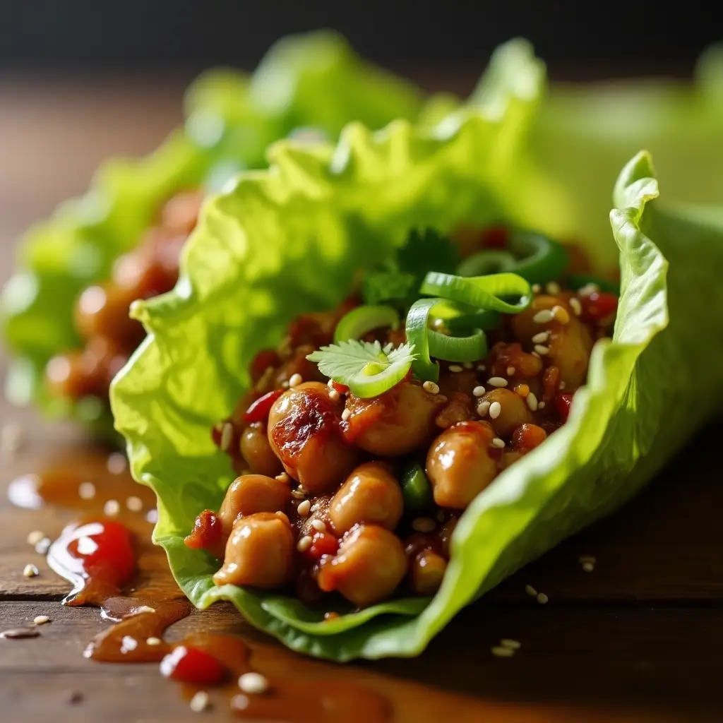 Close-up of a delicious Asian chicken lettuce wrap filled with juicy glazed ground chicken, fresh green onions, cilantro, and sesame seeds, wrapped in crisp green lettuce leaves.