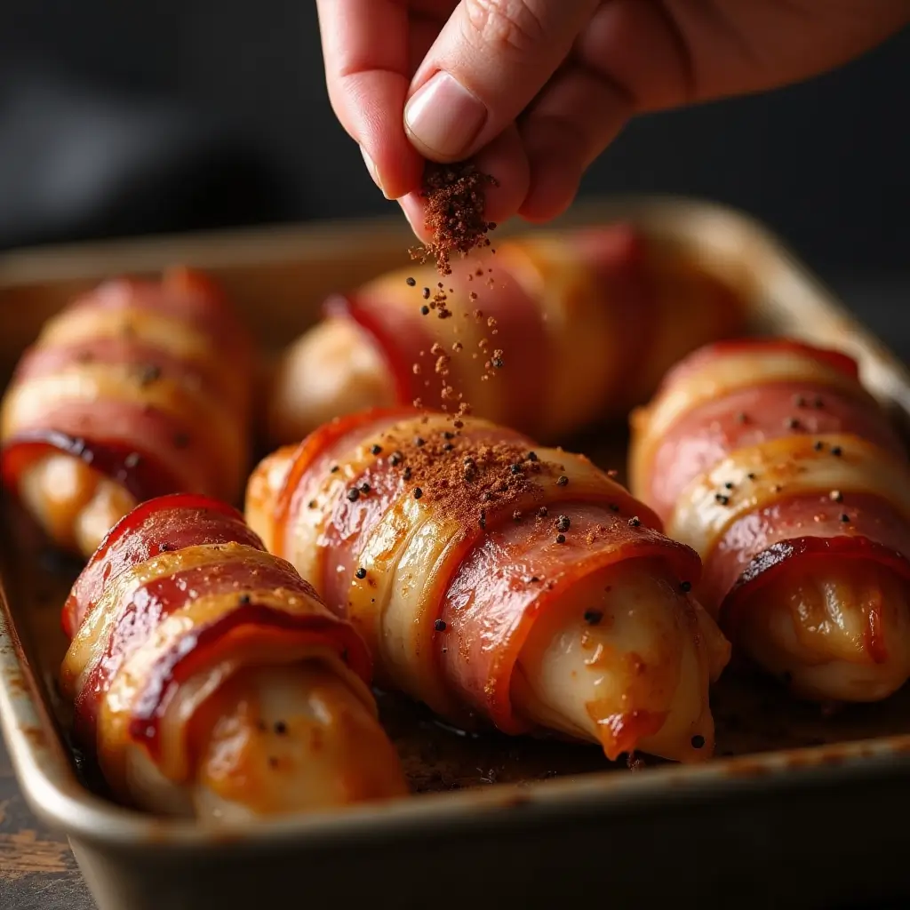 Hand sprinkling natural-toned spice rub over bacon-wrapped chicken breasts on a rustic baking dish.