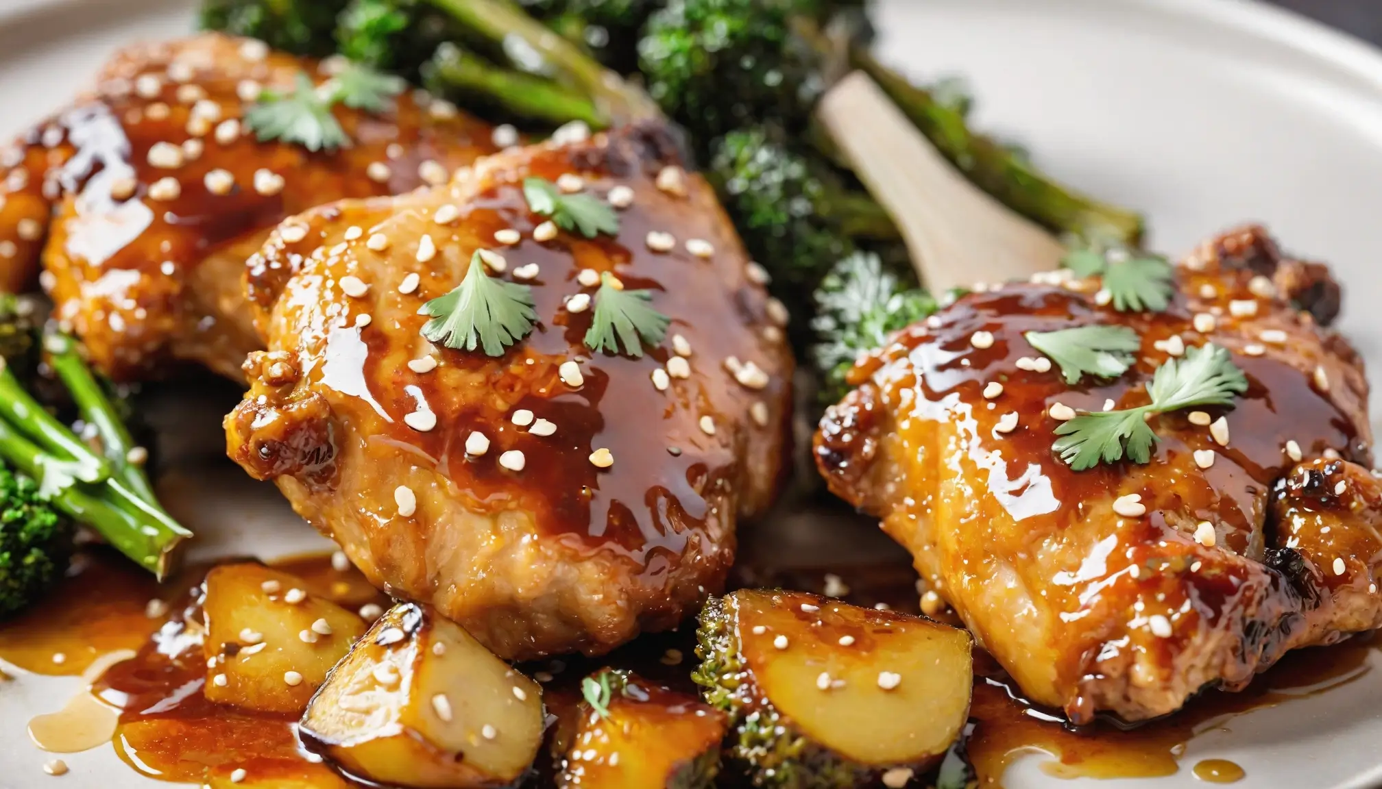 Oven-baked crispy honey garlic chicken thighs with golden skin and sesame seed garnish on a white platter
