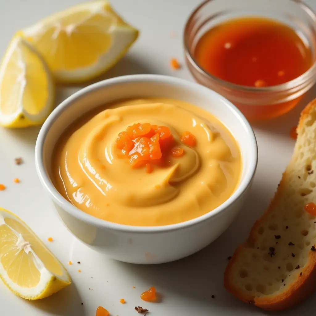 Ingredients for spicy honey-sriracha mayo: a bowl of mayonnaise with honey, sriracha sauce, and fresh lemon wedge on the side