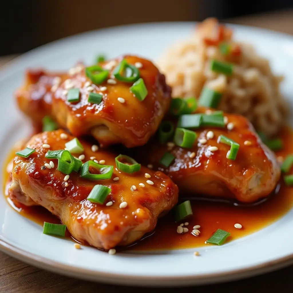 Crispy honey garlic chicken thighs garnished with green onions, sesame seeds, and cilantro, drizzled with glaze and served hot.