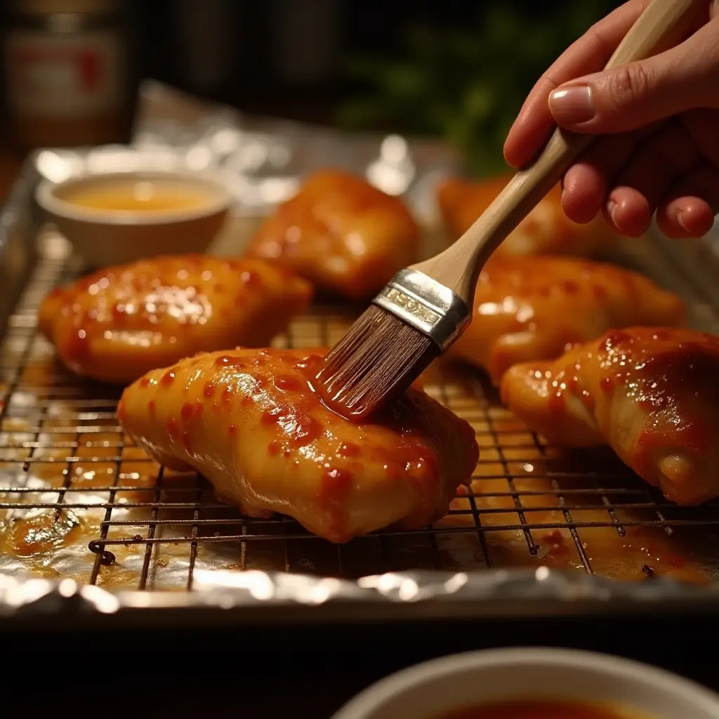 Brushing honey garlic glaze on baked chicken thighs before returning them to the oven for caramelization.