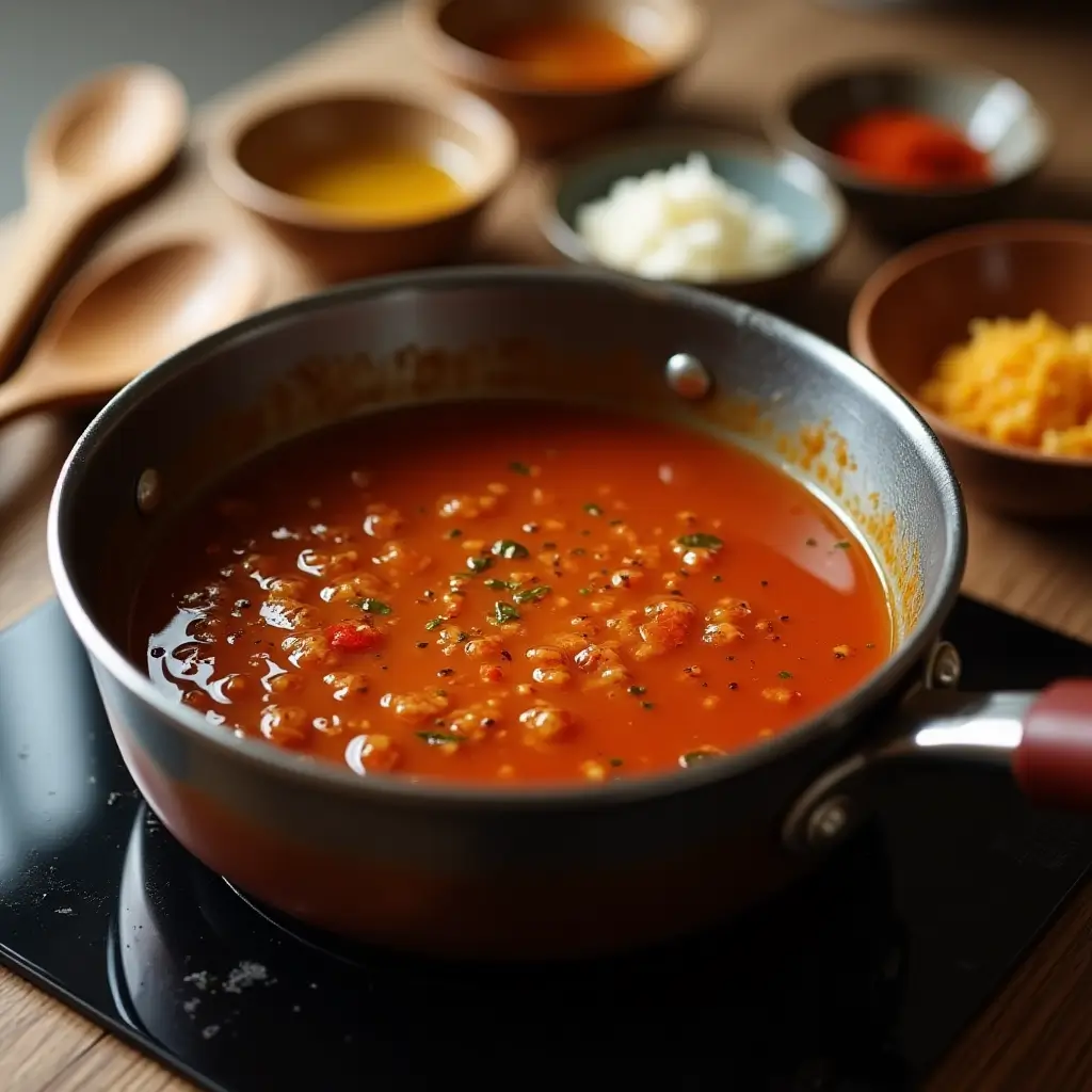 Honey garlic sauce simmering in a saucepan with garlic, honey, soy sauce, vinegar, sesame oil, and red pepper flakes.