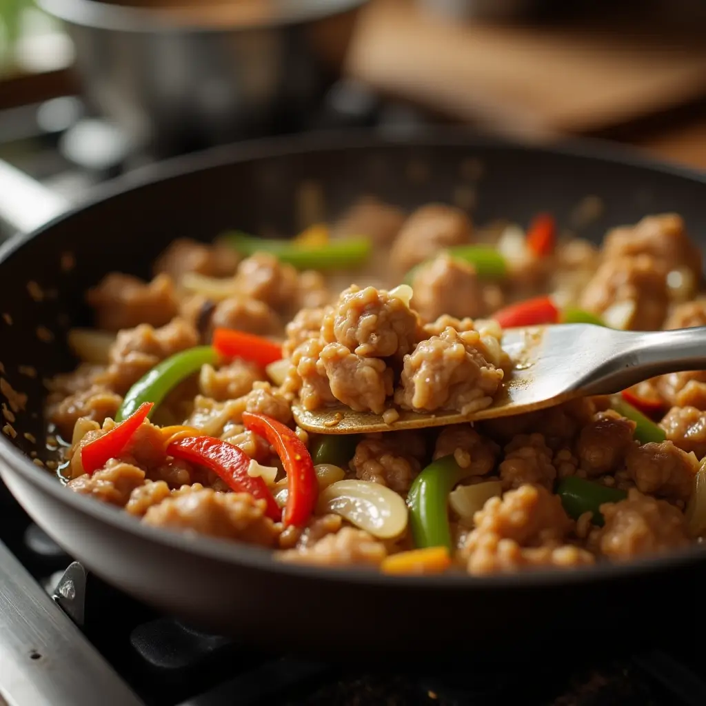 Ground chicken browning in a skillet with sautéed onions, bell peppers, mushrooms, garlic, and ginger, cooking evenly in a home kitchen setting.