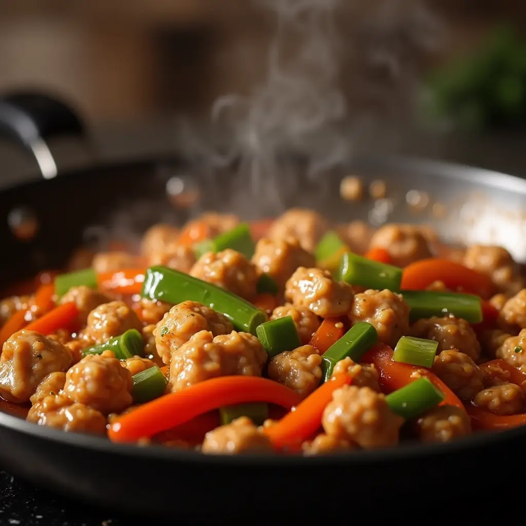 Skillet with ground chicken and vegetables coated in a rich, glossy Asian sauce simmering to thicken, creating a flavorful filling for lettuce wraps.