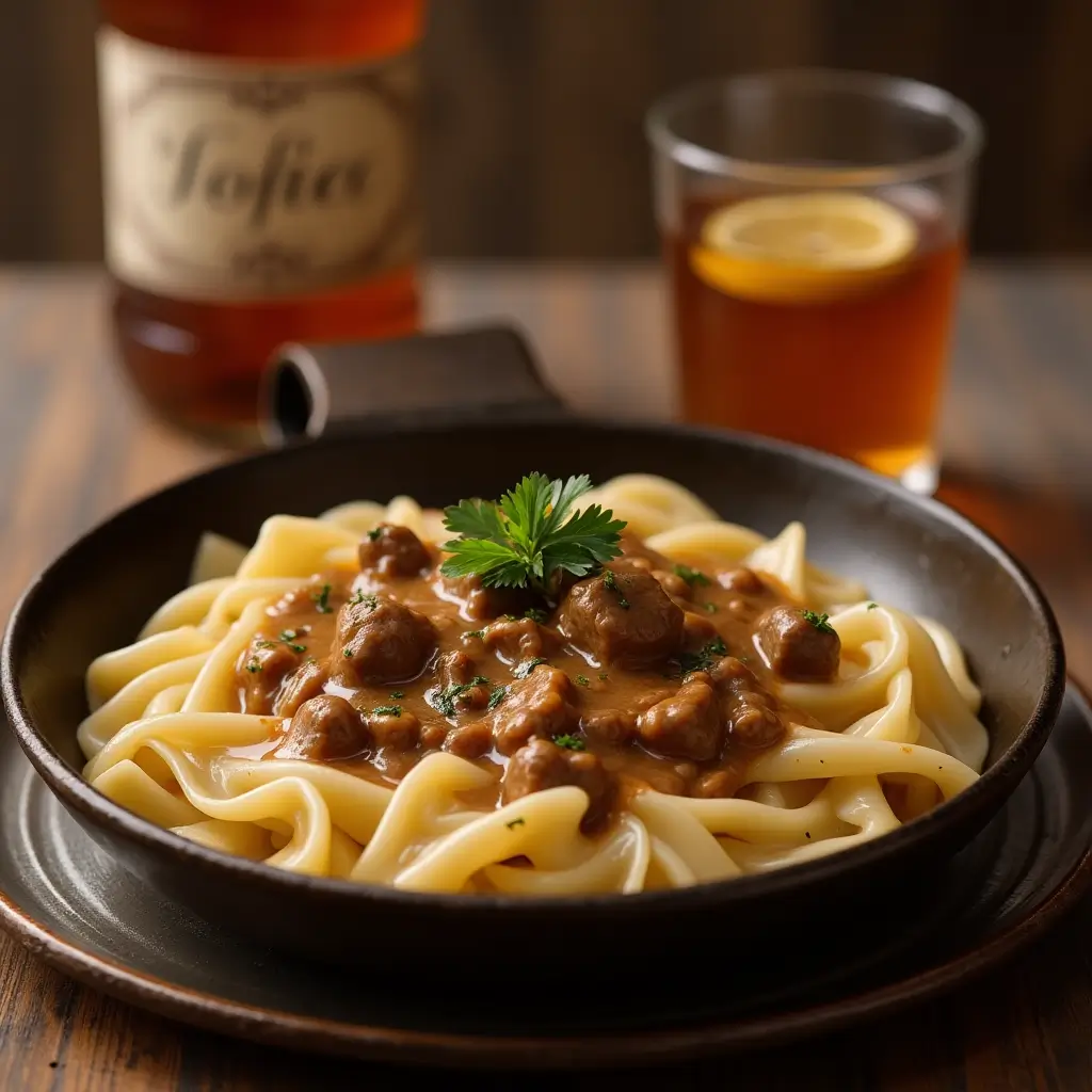 A comforting plate of beef and noodles in a creamy white flour-based gravy, garnished with parsley, served with a glass of sweet tea with lemon.