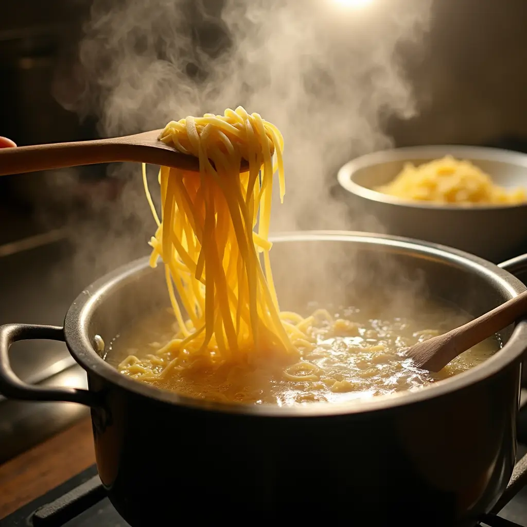 Boiling egg noodles in a pot on the stovetop.