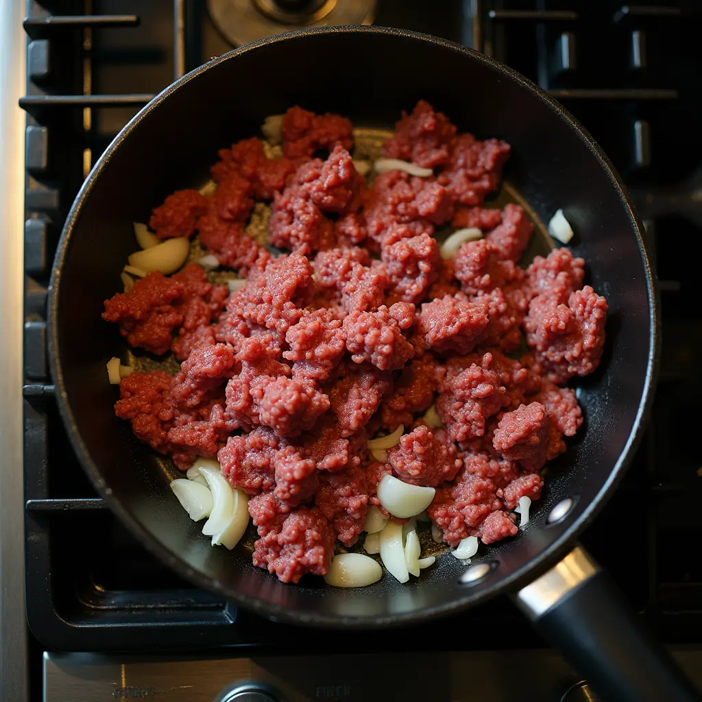Ground beef and onions browning in a skillet on the stovetop.

