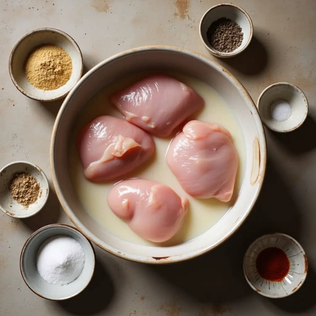 Ingredients for marinating crispy fried chicken: raw boneless chicken thighs in buttermilk, with garlic powder, onion powder, smoked paprika, salt, and pepper arranged in small bowls