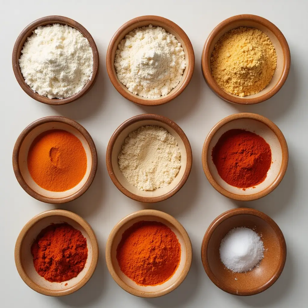 Dry coating ingredients for fried chicken: bowls of flour, cornstarch, baking powder, paprika, garlic powder, cayenne pepper, salt, and pepper displayed on a rustic kitchen counter.