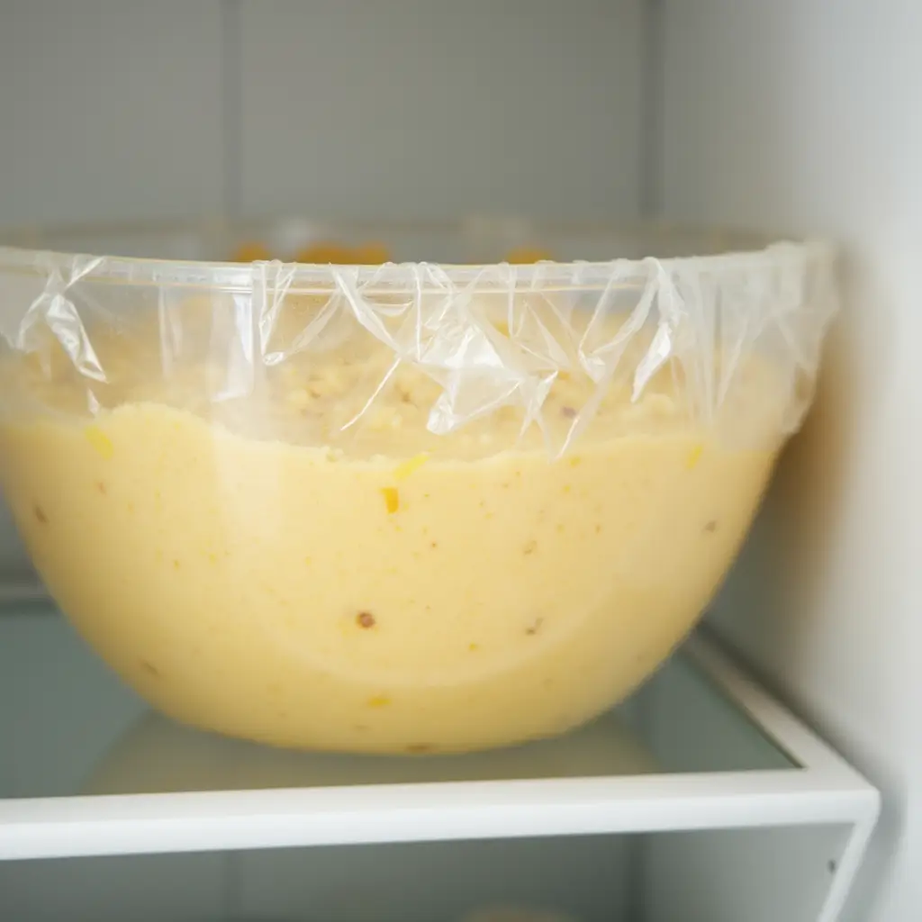 Chilled lemon sugar cookie dough covered with plastic wrap in a glass bowl on a marble counter.