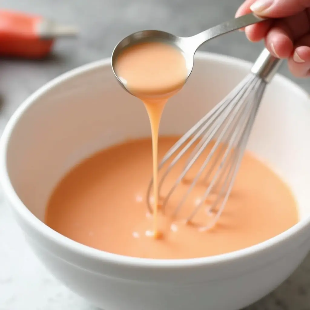 Adding water to creamy Yum Yum Sauce while whisking in a white bowl.