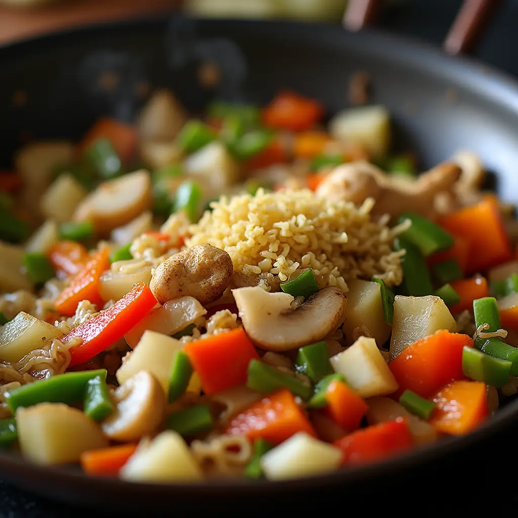 Minced garlic and ginger sizzling beside sautéed vegetables in a skillet, creating a rich and aromatic cooking moment.
