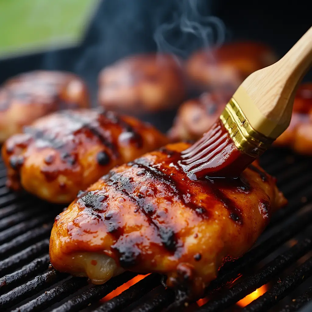 Close-up of BBQ chicken thighs on the grill with char marks, being brushed with barbecue sauce as they cook over direct and indirect heat.
