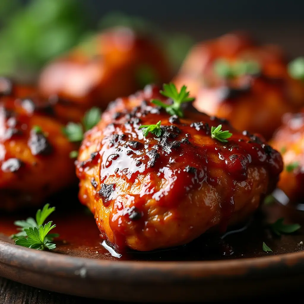 Close-up of juicy BBQ chicken thighs glazed with sticky barbecue sauce, golden-brown and garnished with fresh herbs, ready to serve.