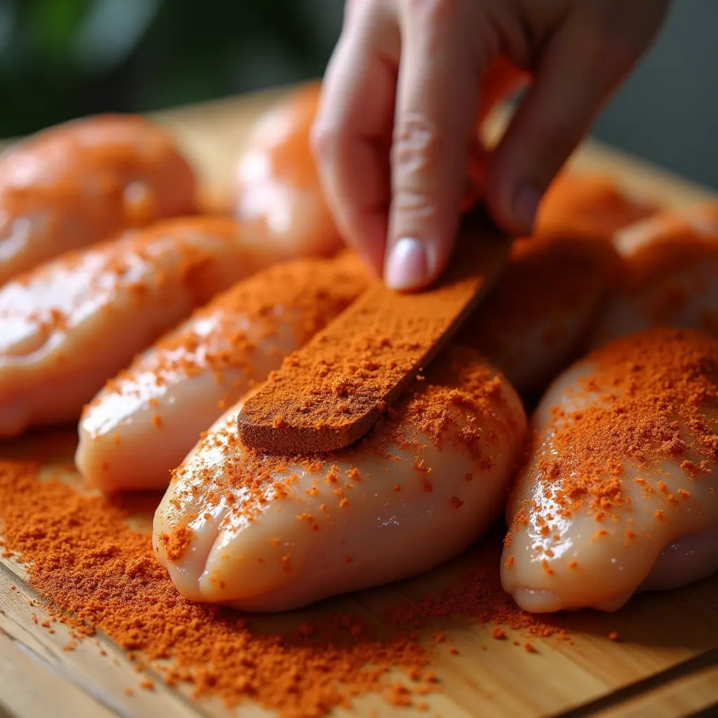 Chicken breasts being rubbed with a spice mix on a wooden board.