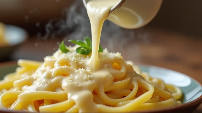 Rich, creamy Alfredo sauce being poured over hot fettuccine pasta, with a velvety texture and cheesy gloss.