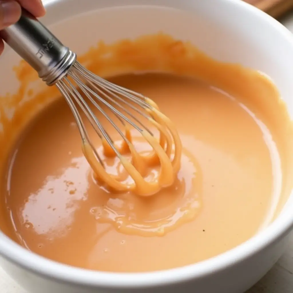 Whisk blending smooth creamy Yum Yum Sauce in a white bowl.