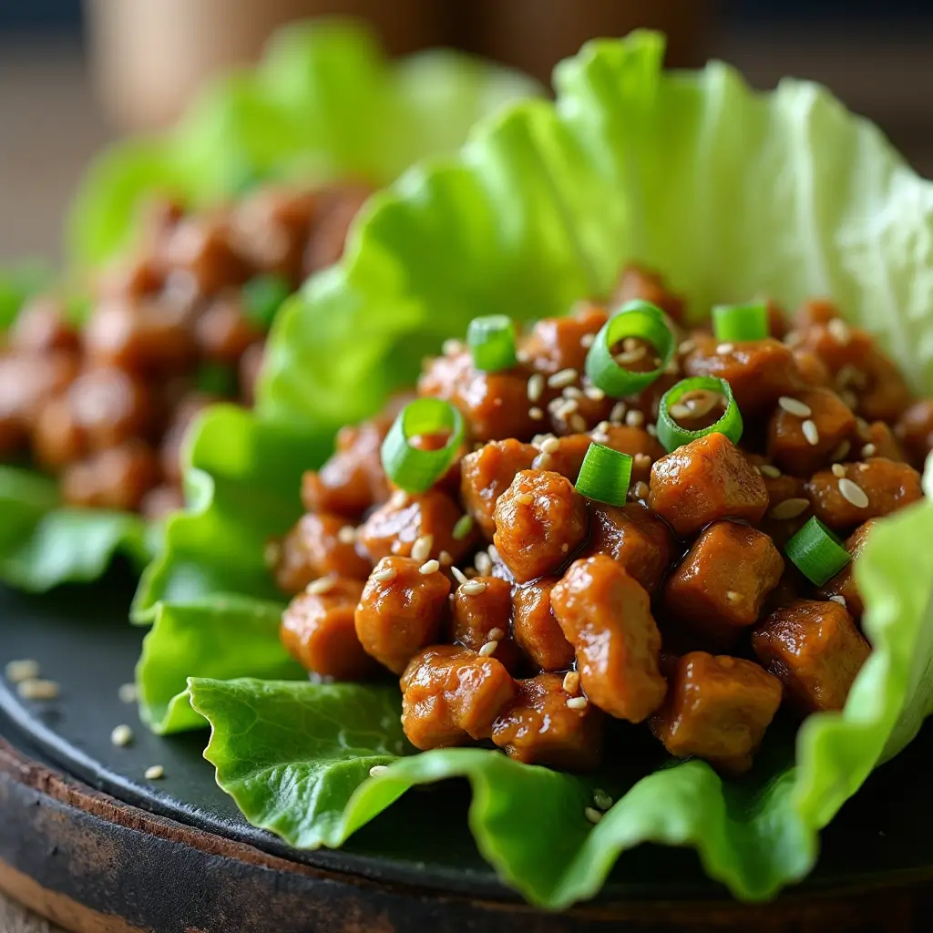 Zoomed-in view of an Asian chicken lettuce wrap showing juicy glazed chicken, green onions, and crisp lettuce in delicious Asian Chicken Lettuce Wraps (Better than P.F. Chang’s!).