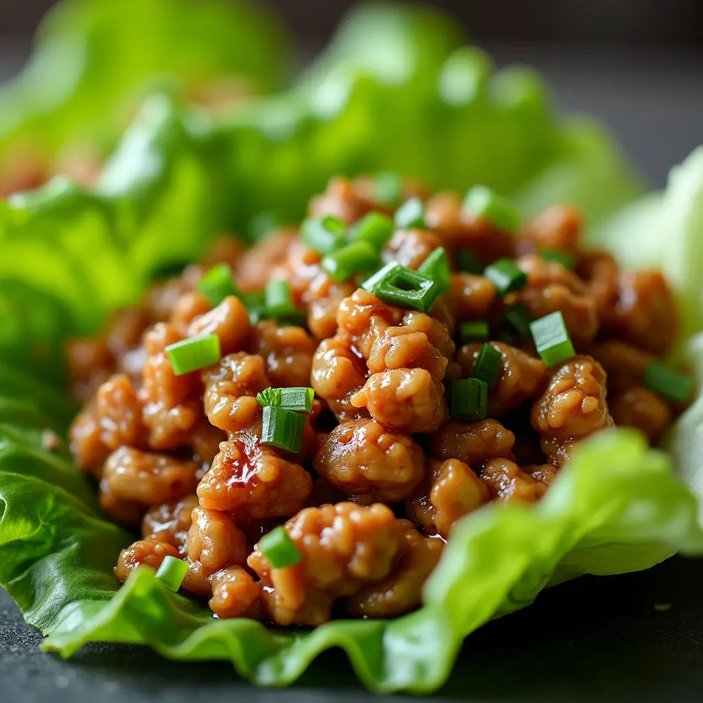 Zoomed-in view of an Asian chicken lettuce wrap showing juicy glazed chicken, green onions, and crisp lettuce.