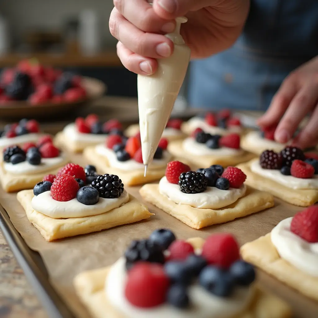 Hands piping cream cheese filling into puff pastry squares topped with fresh berries on a parchment-lined baking sheet.