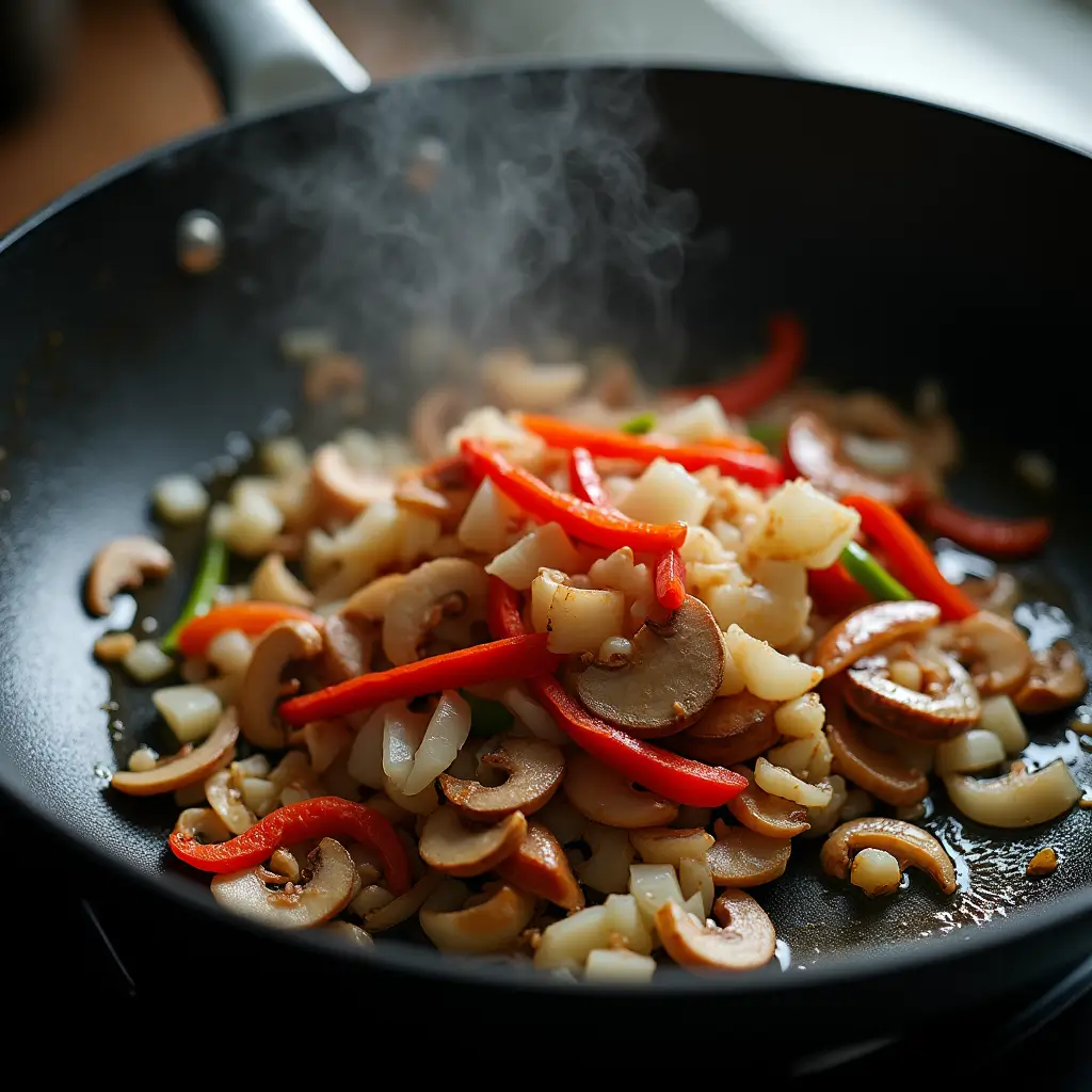 Close-up of diced onion, bell pepper, and mushrooms sizzling in a skillet with sesame oil, steam rising as the vegetables soften.