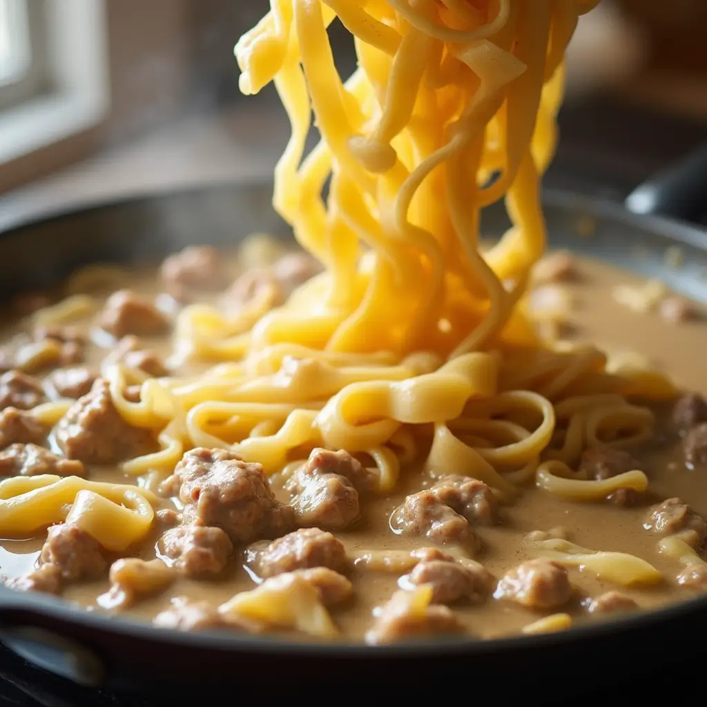 Egg noodles being mixed into a creamy flour-based gravy with ground beef and onions in a skillet.
