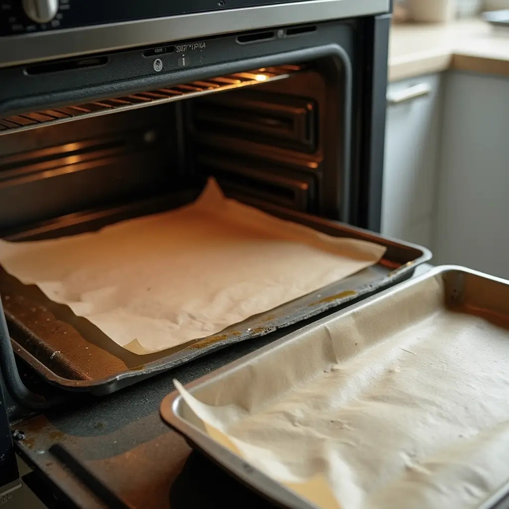 Oven preheating to 400°F with a parchment-lined baking sheet and greased 9x13-inch baking dish ready for cooking.