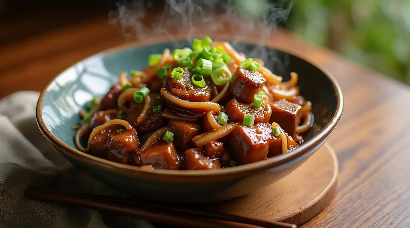 A close-up of Chinese-style beef and onion stir-fry in a ceramic bowl, featuring tender beef slices, caramelized onions, and green onions, served with chopsticks on a wooden table.