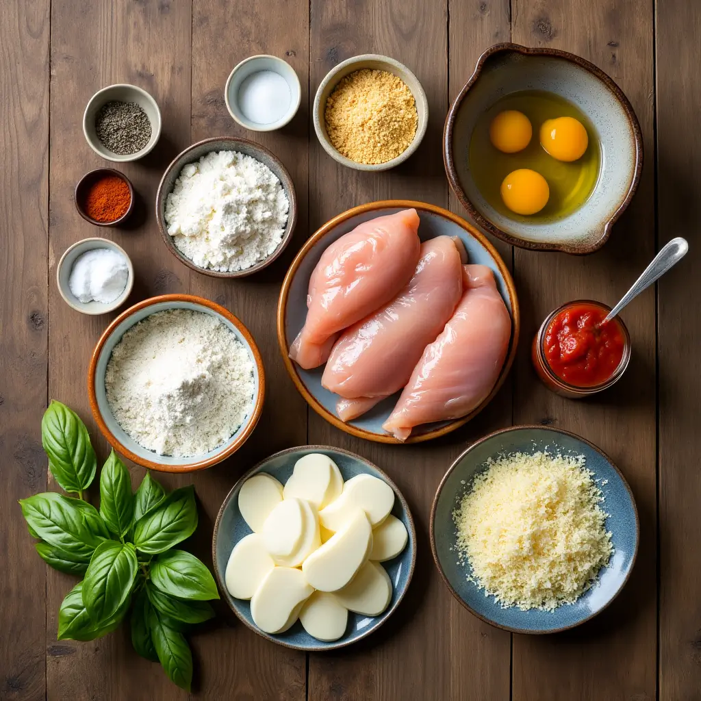 Rustic flat lay of chicken parmesan ingredients including raw chicken, breadcrumbs, spices, marinara sauce, mozzarella, and Parmesan cheese.