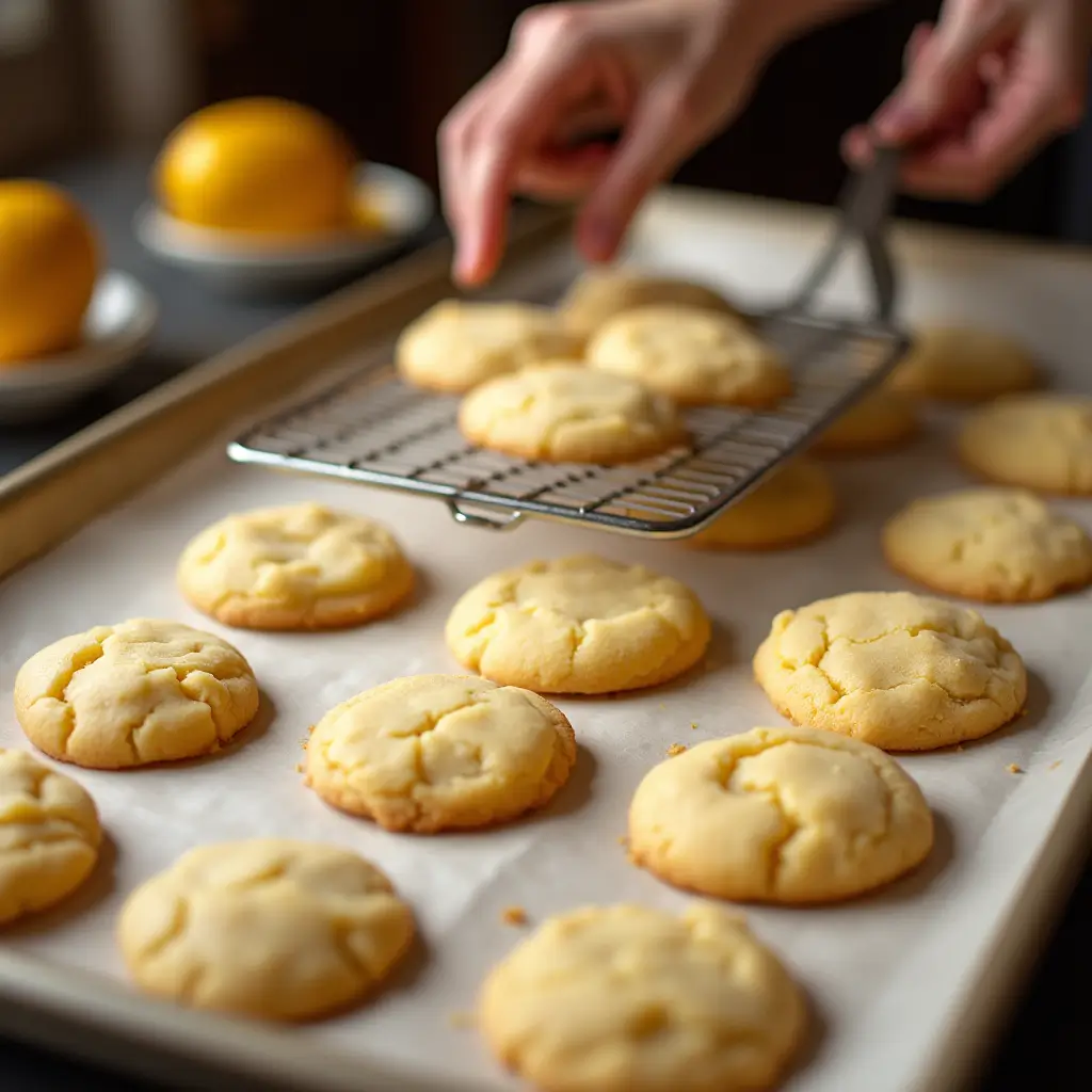 Fresh lemon sugar cookies being transferred from a baking sheet to a cooling rack.