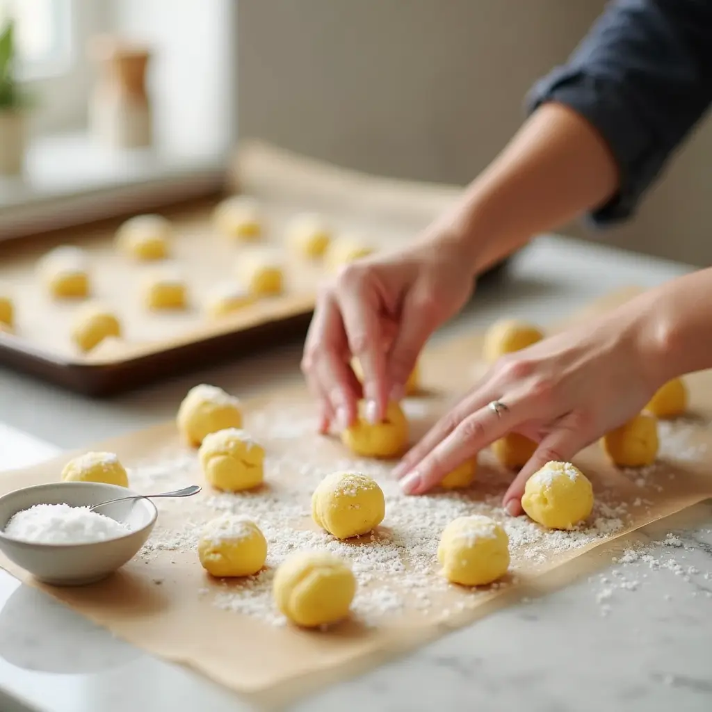 Hands rolling lemon cookie dough balls in sugar beside a parchment-lined baking sheet.