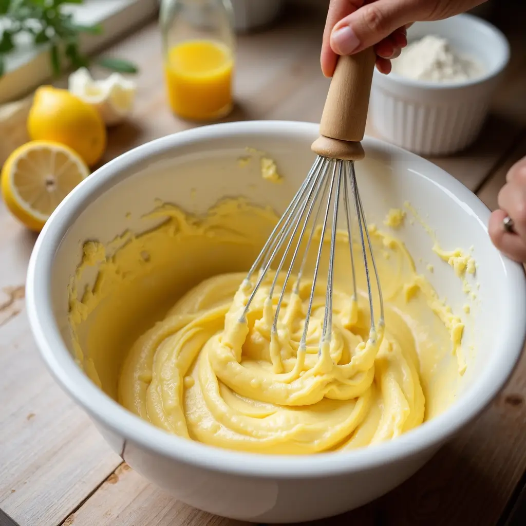 Mixing the dough for soft and chewy lemon sugar cookies, showing butter, sugar, and lemon zest being creamed together.