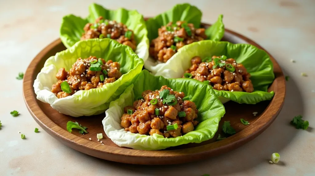Asian chicken lettuce wraps with ground chicken and herbs in crisp lettuce cups.