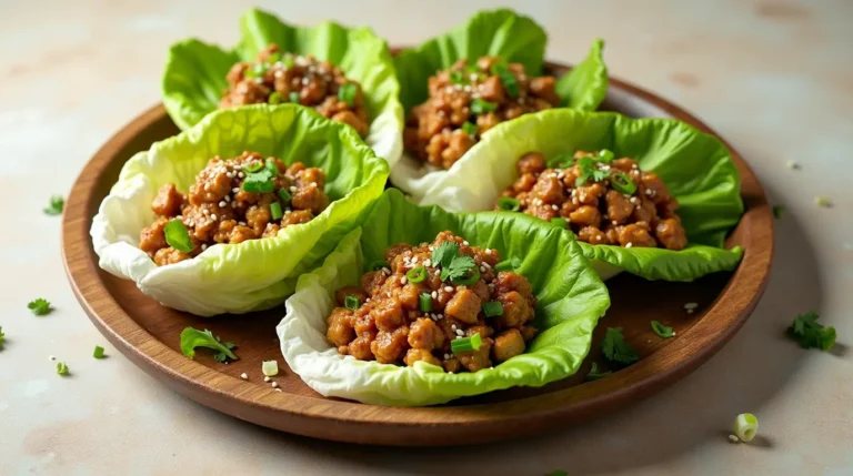 Asian chicken lettuce wraps with ground chicken and herbs in crisp lettuce cups.