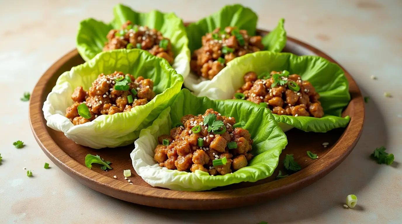 Asian chicken lettuce wraps with ground chicken and herbs in crisp lettuce cups.