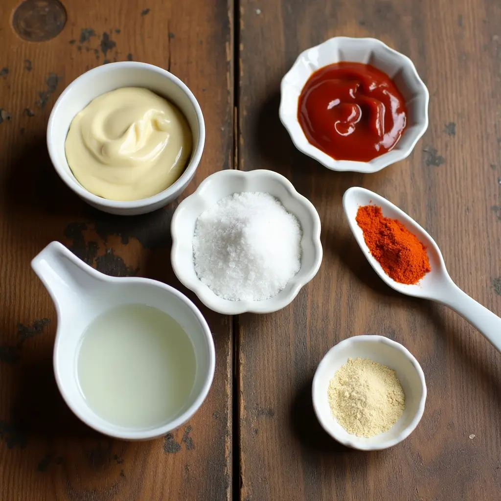 Ingredients for homemade Yum Yum Sauce in white bowls on a wooden table.