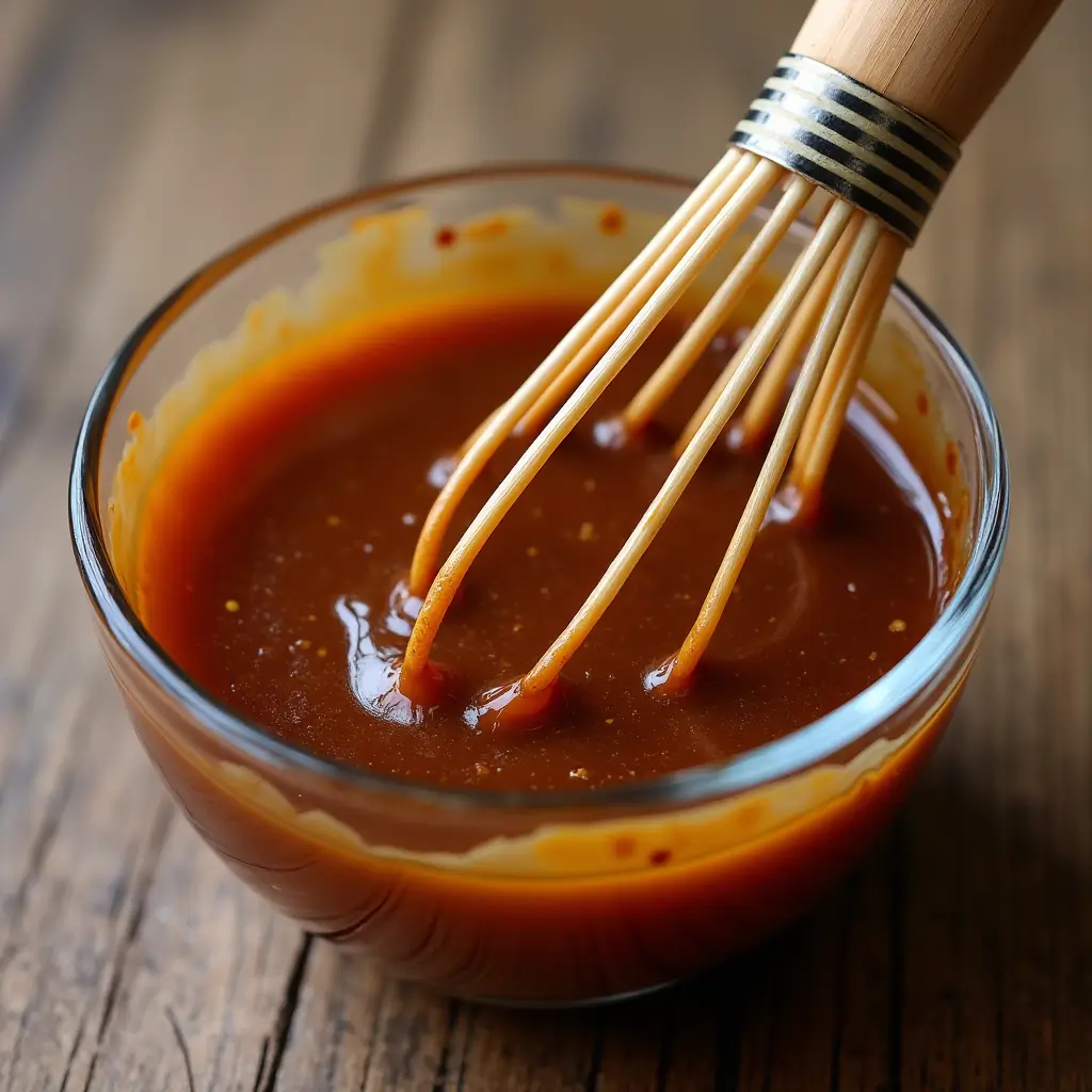 Close-up shot of a glossy Asian sauce being whisked in a small bowl, showing the creamy blending of peanut butter, hoisin, soy sauce, and other ingredients.