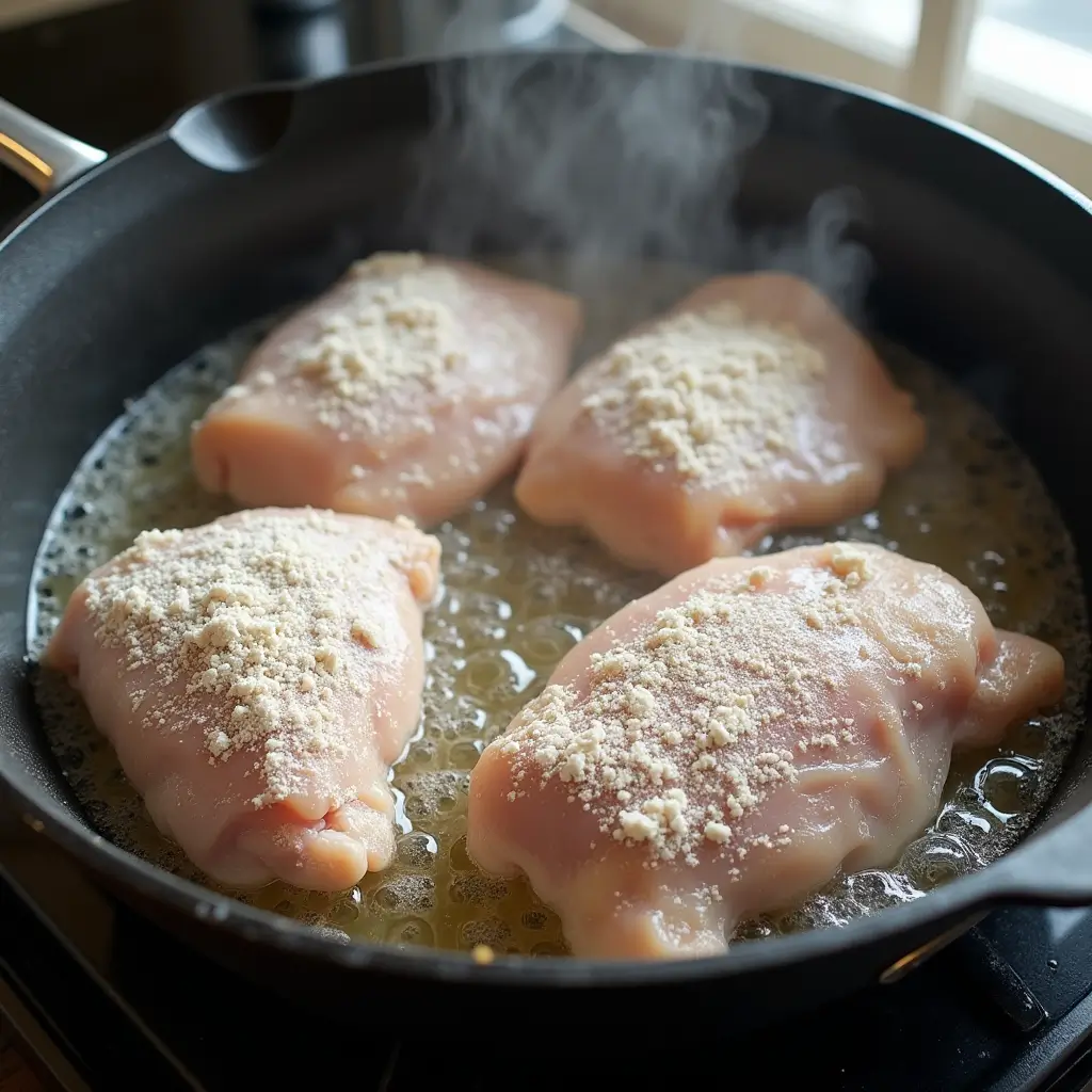 Floured raw chicken thighs just starting to fry in hot oil, with bubbling edges in a cast iron skillet.