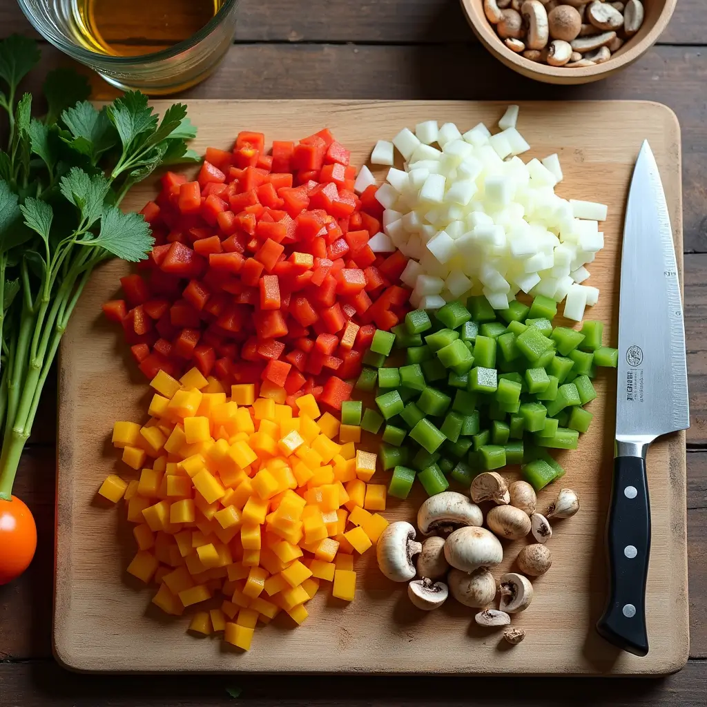Overhead shot of finely diced red bell pepper, onion, mushrooms, and green pepper on a wooden cutting board, highlighting fresh ingredients and vibrant colors.