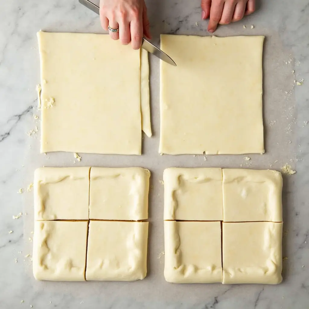 Top-down view of puff pastry sheets being cut and scored into rectangles on a parchment-lined baking sheet.