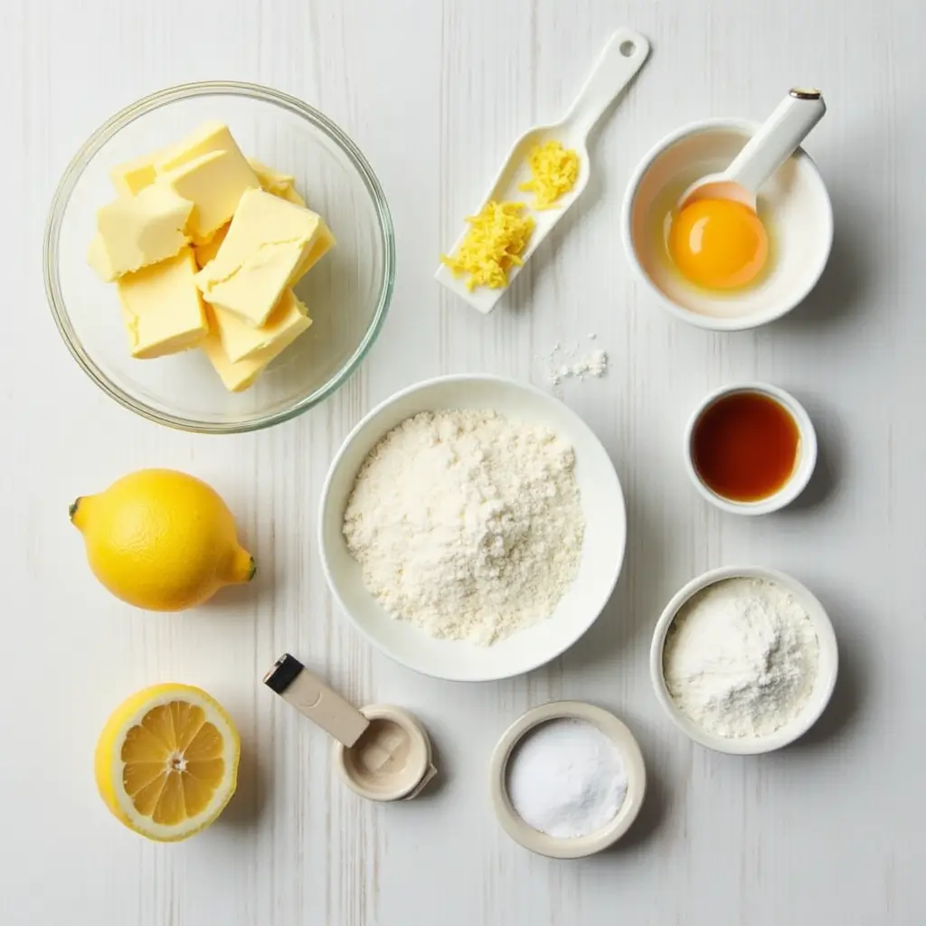 Baking ingredients for soft lemon cookies arranged on a kitchen surface.