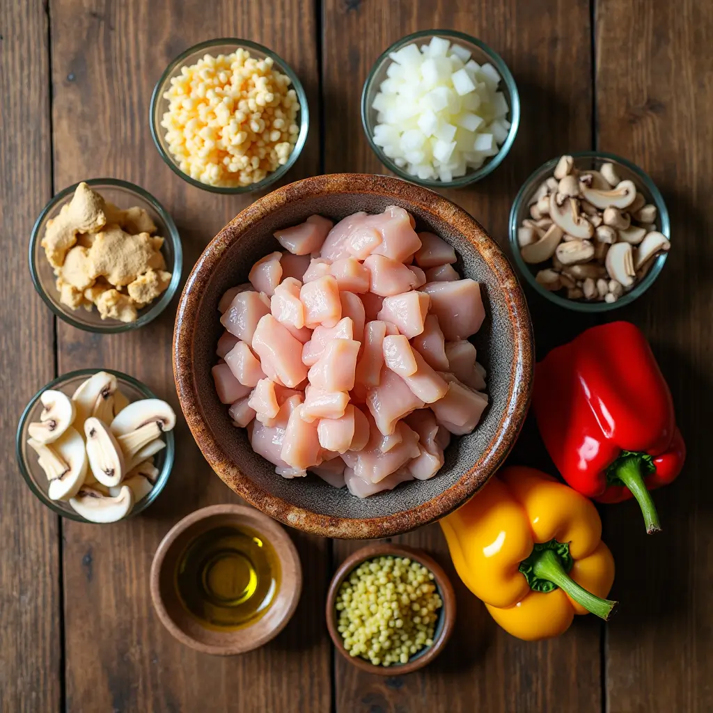 Zoomed-in overhead shot of fresh ingredients for Asian chicken lettuce wraps, including ground chicken, garlic, ginger, onions, mushrooms, and bell peppers.