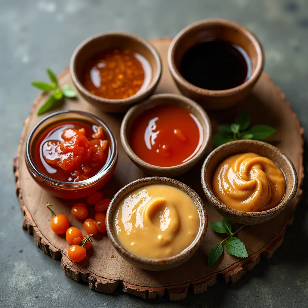 Zoomed-in overhead shot of Asian sauce ingredients including soy sauce, hoisin sauce, rice vinegar, honey, peanut butter, and Sriracha in small bowls on a rustic surface.